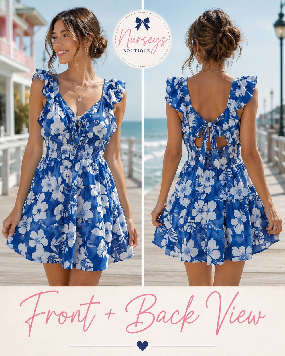 Madden NYC Blue White Floral Smocked Tie Back Mini Dress XXXL